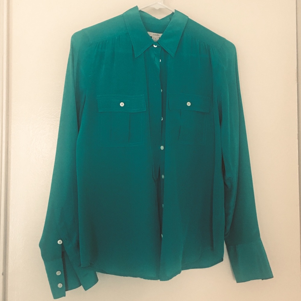 J. Crew 100% silk emerald green button up blouse